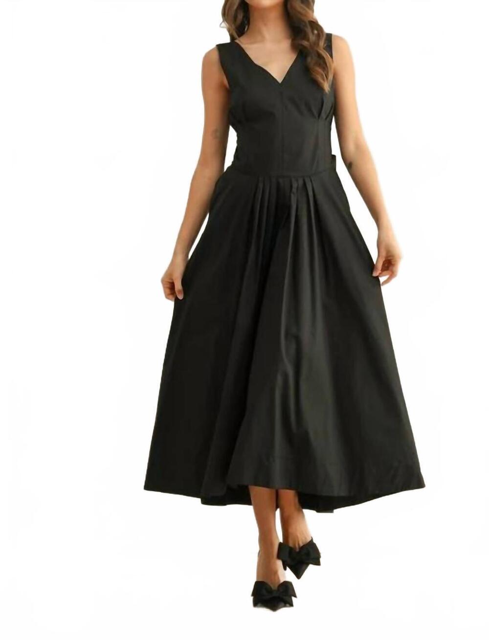 NEW MIOU MUSE classic charm bow detail woven midi dress in black